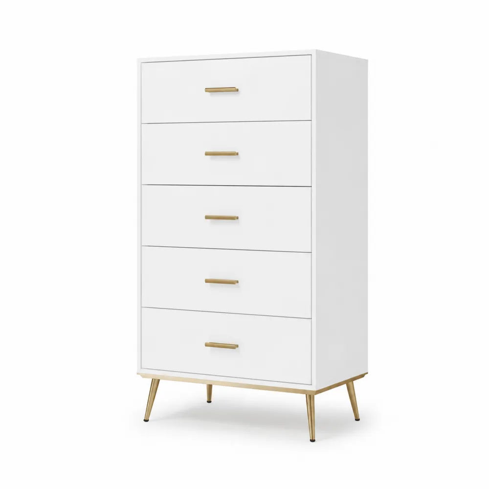 Biała komoda z 5 szufladami z płyty MDF i metalowymi nogami 80x40x120 cm