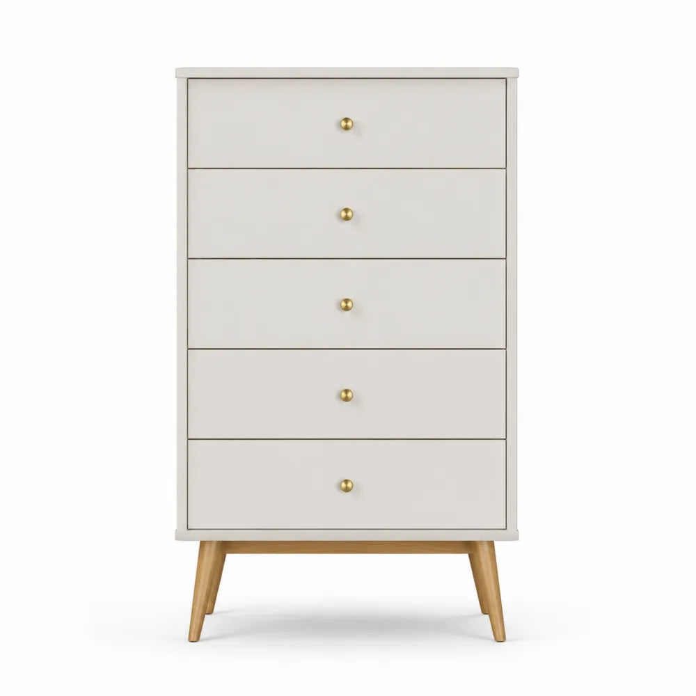 Komoda z 5 szufladami MDF biała z drewnem bukowym