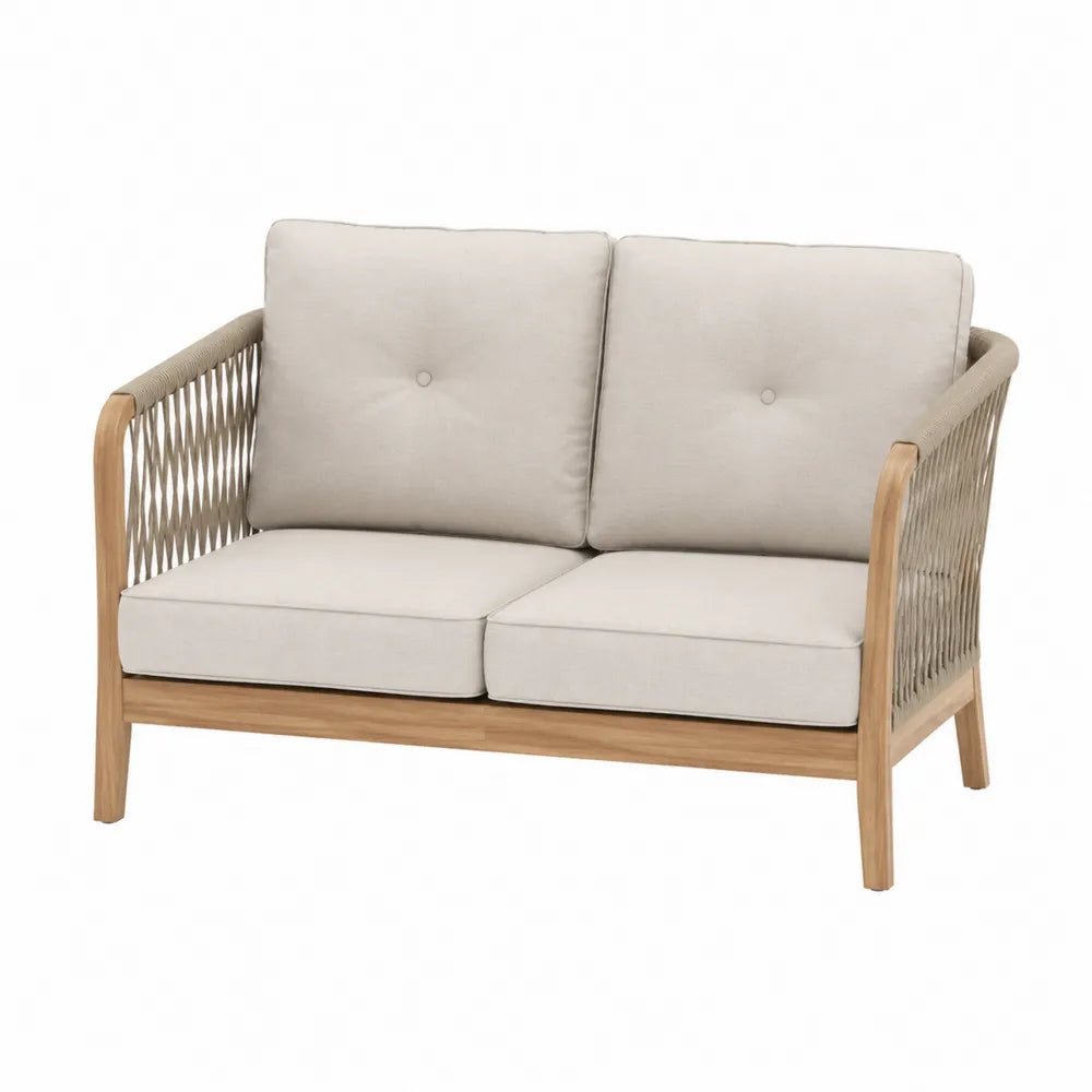 Dwuosobowa sofa z drewna tekowego i poliestru beżowa 120 cm