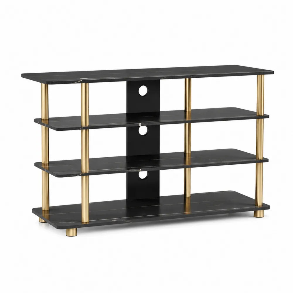 Szafka RTV z 4 półkami z MDF i metalu, czarno-złota, 120 cm x 40 cm x 80 cm