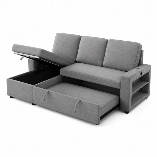 Sofa rozkładana z funkcją przechowywania tkanina szara 200x140x90 cm