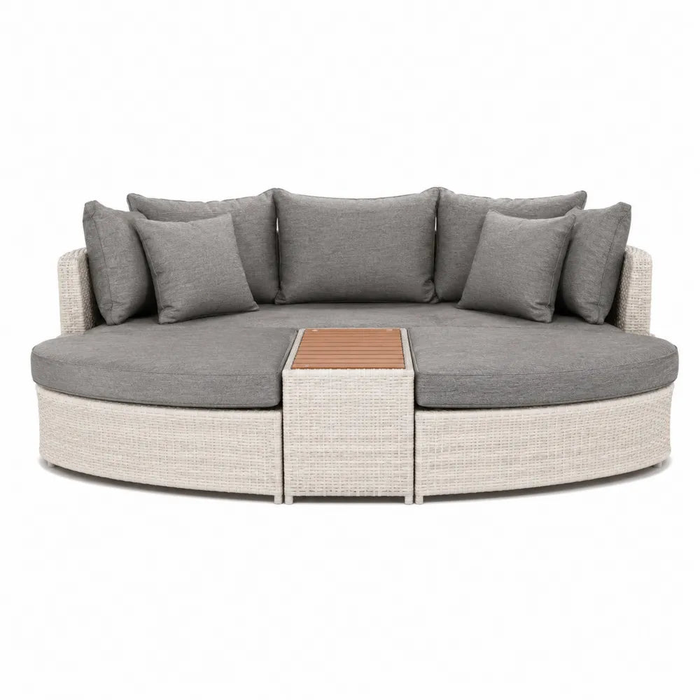Okrągła sofa ogrodowa technorattan z szarymi poduszkami