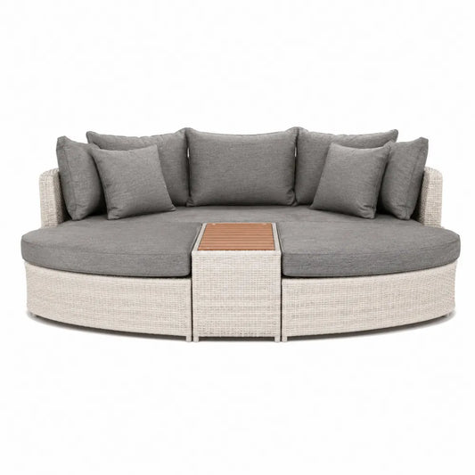 Okrągła sofa ogrodowa technorattan z szarymi poduszkami