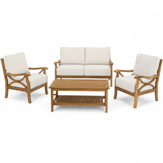 Zestaw mebli ogrodowych z drewna akacjowego z poduszkami, sofa dwuosobowa, fotele, stolik, kolor naturalny