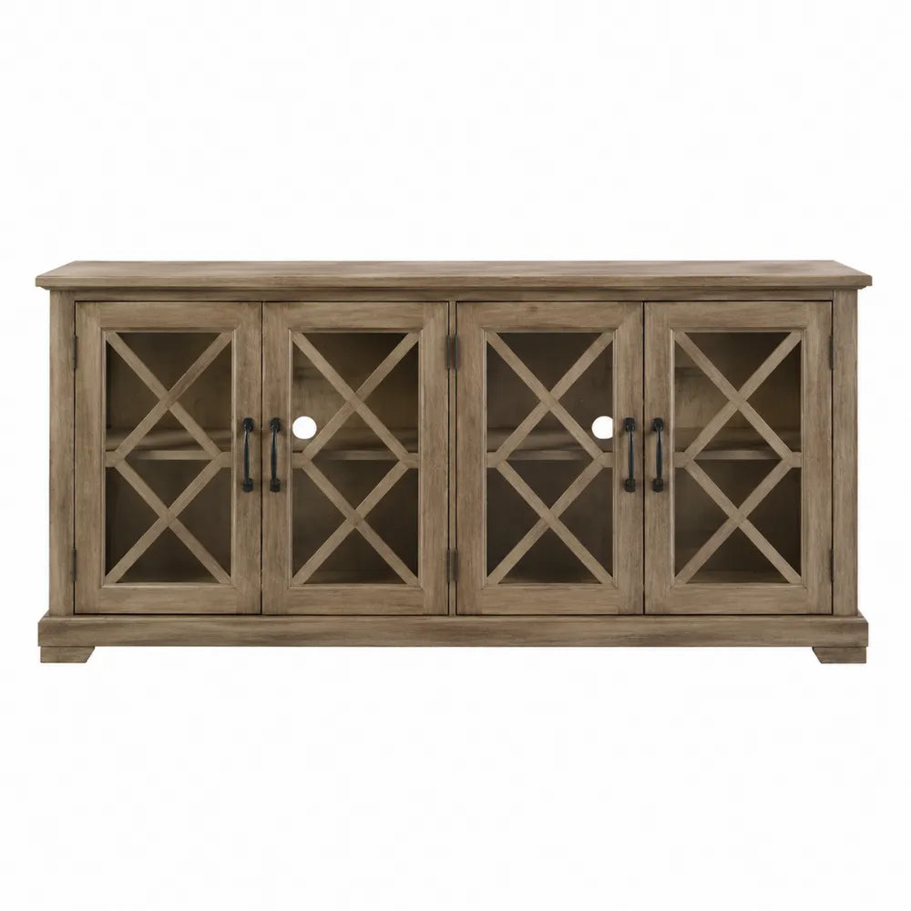 Szafka RTV drewniana z hartowanym szkłem 4-drzwiowa, sosnowa, jasnobrązowa, 150x45x80 cm