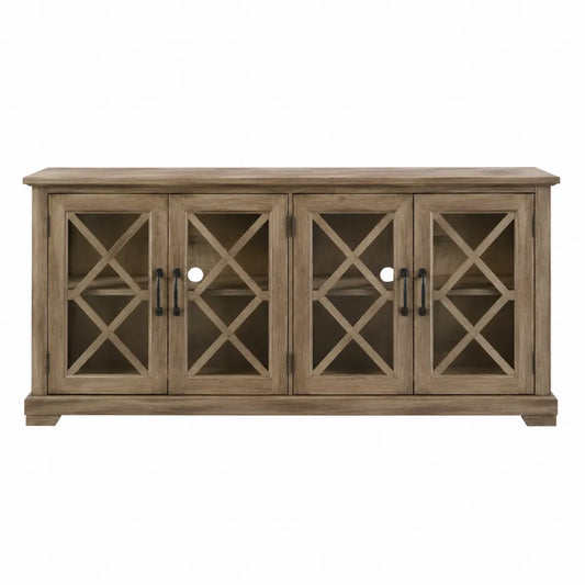 Szafka RTV drewniana z hartowanym szkłem 4-drzwiowa, sosnowa, jasnobrązowa, 150x45x80 cm