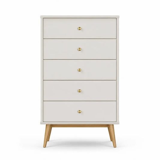 Komoda z 5 szufladami MDF biała z drewnem bukowym