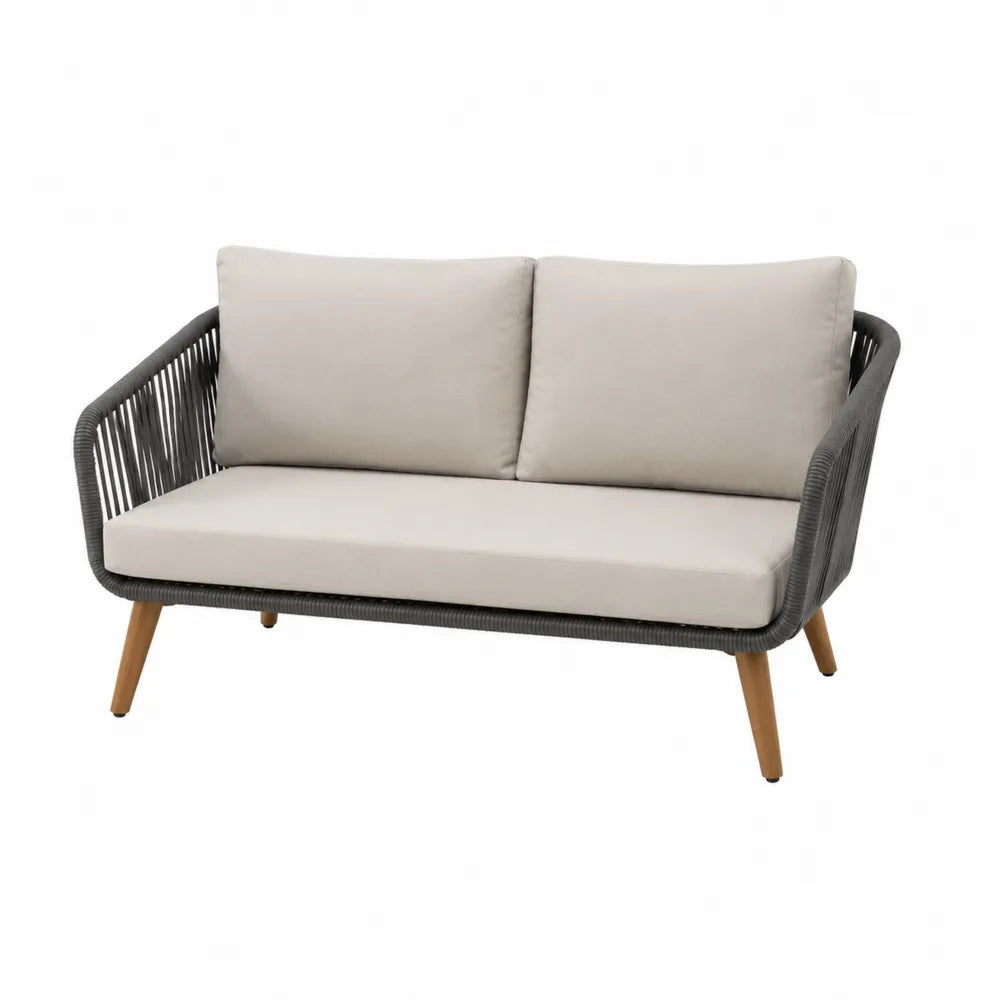 Dwuosobowa sofa ogrodowa z aluminium i liną poliestrową, beżowo-szara
